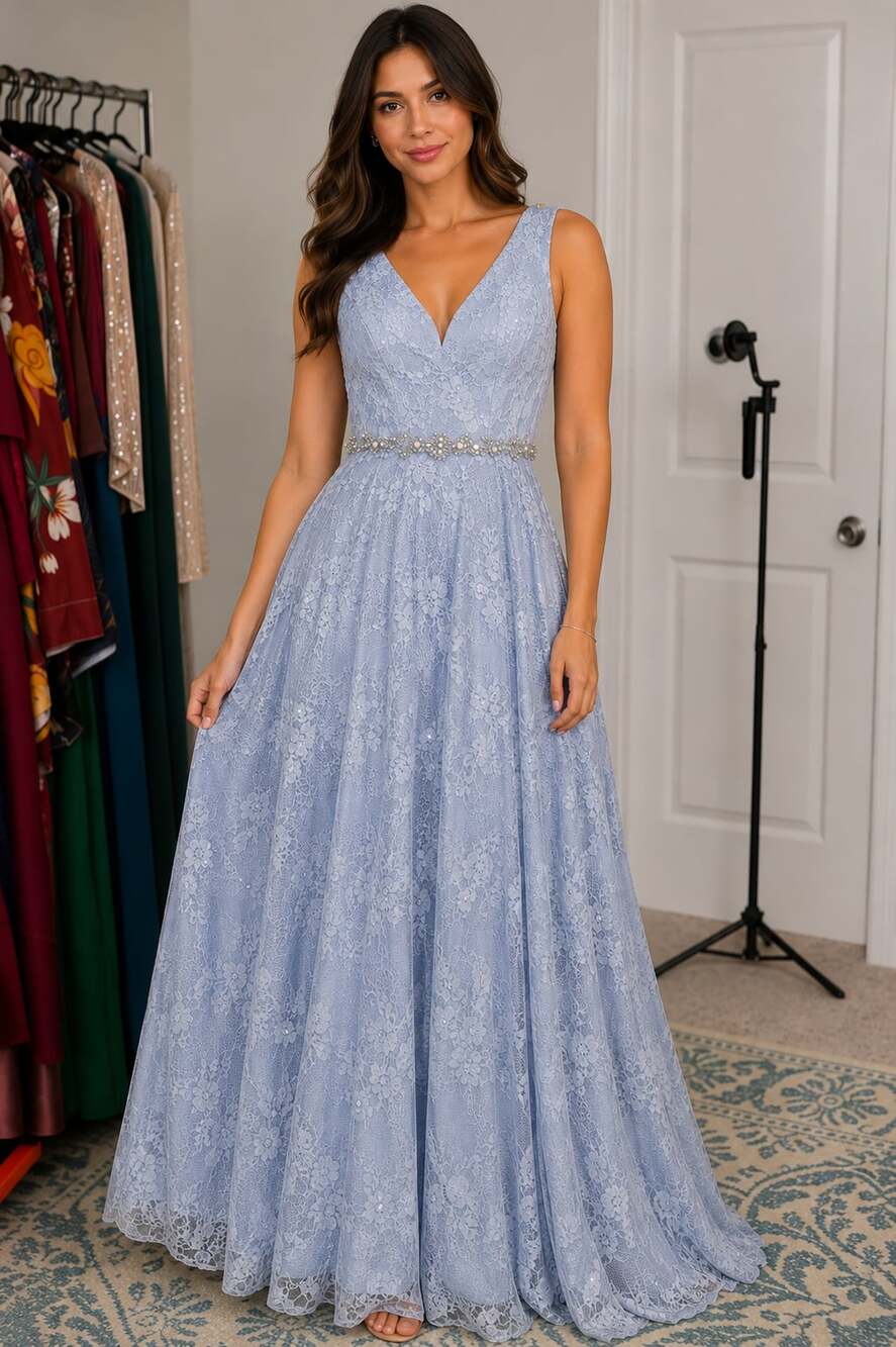 Blue Lace Sleeveless Floor Length Evening Gown with Beaded Waist Size 3